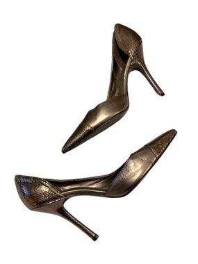 Michael Woman’s Bronze Leather Snakeprint Pointy Toe Slip On Pumps Shoes Sz 8